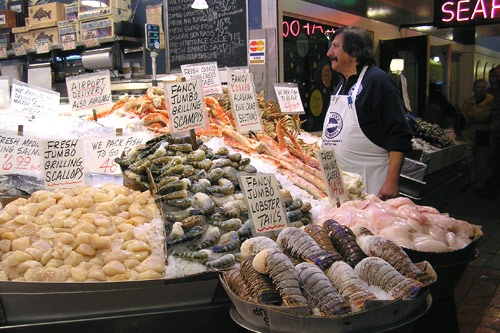 The fish market inside Pike Place Market, Seattle