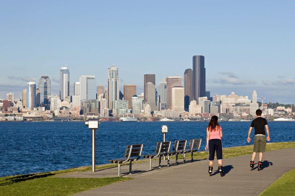 Rollerblading along Alki Beach in Seattle