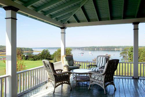 A classic New England porch at Chebeague Island Inn, on Chebeague Island, a short ferry ride from Portland.