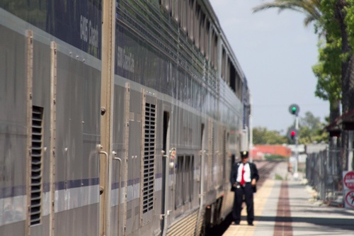 Conductor for Amtrak's Pacific Surfliner at Fullerton, California