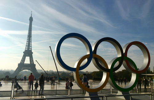 Eiffel Tower and Olympic rings in Paris