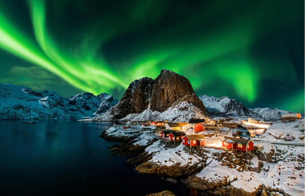 Northern lights over the fishing village of Hamnoy, Norway