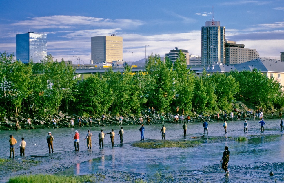 People fishing in Ship Creek.