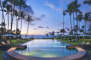 The pool area of the Travaasa Maui at night