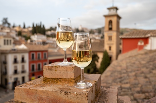 sherry wine, Andalusian town in background, Spain